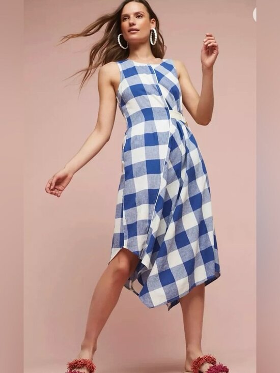 Maeve Dresses & Skirts - Anthropologie Maeve Belted Gingham Blue White Check Asymmetrical Dress, Size Med